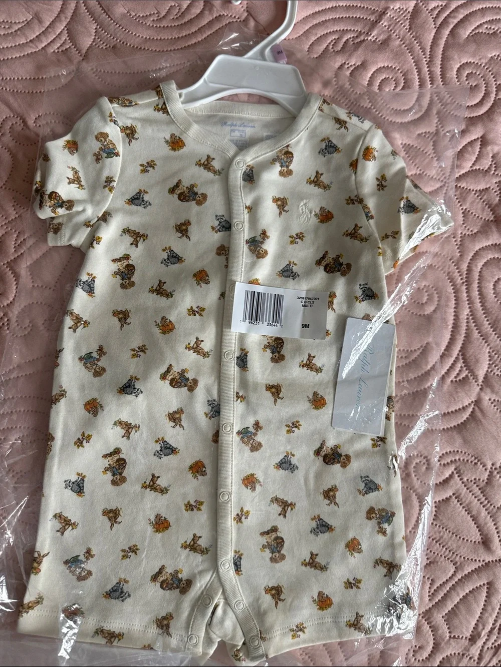 Cream Short-Sleeve Baby One-Piece Romper with Animal Print